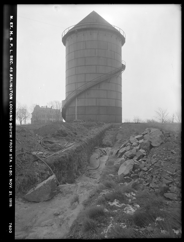 Distribution Department, Northern Extra High Service Pipe Lines, Section 45, looking south from station 1+50 at Arlington Standpipe, Arlington, Mass., Nov. 21, 1919