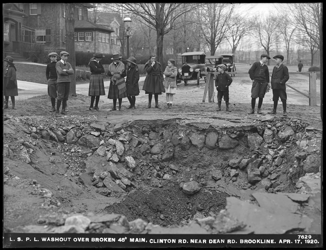 Distribution Department, Low Service Pipe Lines, washout over broken 48-inch main, Clinton Road near Dean Road, Brookline, Mass., Apr. 17, 1920