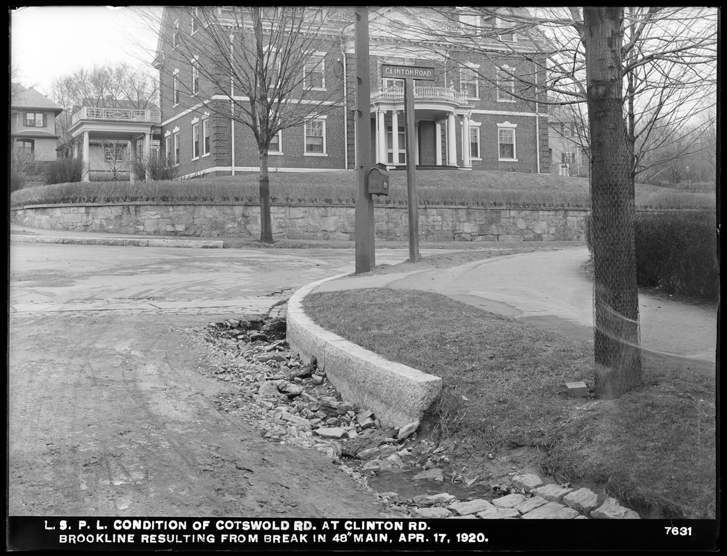 Distribution Department, Low Service Pipe Lines, condition of Cotswold Road, resulting from break in 48-inch main, Brookline, Mass., Apr. 17, 1920