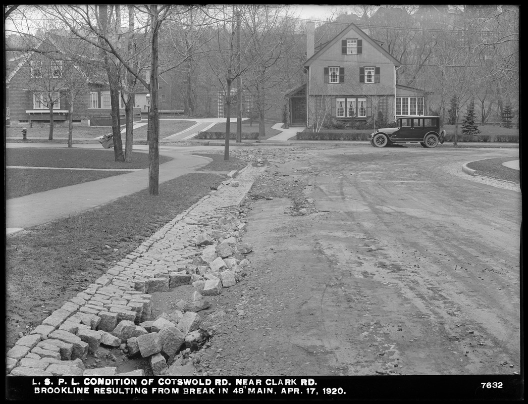 Distribution Department, Low Service Pipe Lines, condition of Cotswold Road near Clark Road, resulting from break in 48-inch main, Brookline, Mass., Apr. 17, 1920