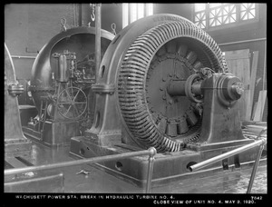 Wachusett Department, Wachusett Dam Hydroelectric Power Plant, break in hydraulic turbine No. 4, close view of unit No. 4, Clinton, Mass., May 3, 1920