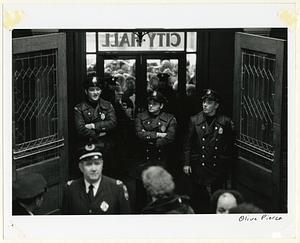 Cambridge City Council, Police Blocking the Doors to Keep People from a Meeting Abolishing Rent Control, December 1971