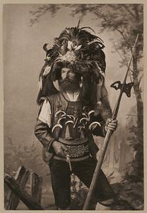 Man in ornate headdress carrying halberd and pistol