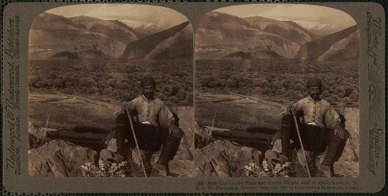 The Sacred Plain and distant Delphi, seat of Apollo's oracle, N.E. to Mt. Parnassos, Greece