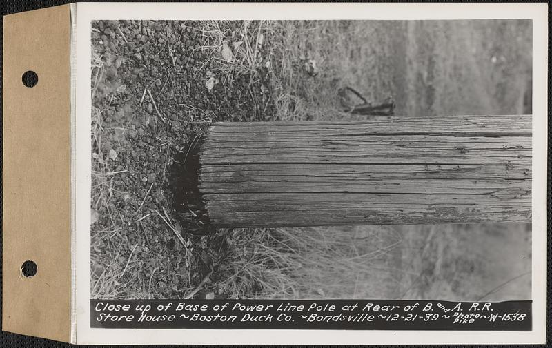 Close-up of base of power line pole at rear of Boston and Albany Railroad storehouse, Boston Duck Co., Bondsville, Palmer, Mass., Dec. 21, 1939