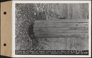 Close-up of base of power line pole at rear of Boston and Albany Railroad storehouse, Boston Duck Co., Bondsville, Palmer, Mass., Dec. 21, 1939