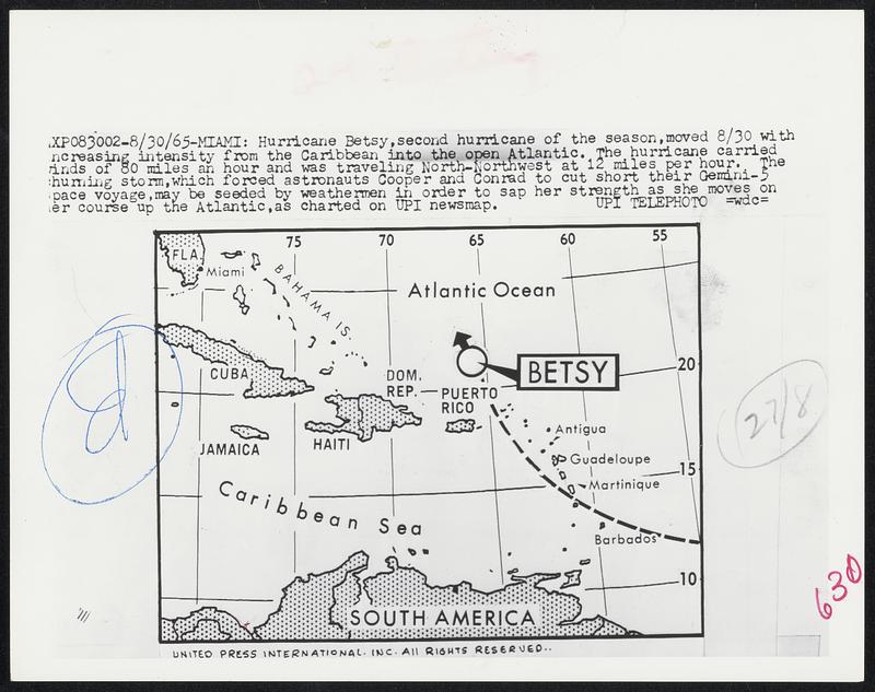 Miami: Hurricane Betsy, second hurricane of the season, moved 8/30 with increasing intensity from the Caribbean into the open Atlantic. The hurricane carried winds of 80 miles and hour and was traveling North-Northwest at 12 miles per hour. The churning storm, which forced astronauts Cooper and Conrad to cut short their Gemini-5 space voyage, may be seeded by weathermen in order to sap her strength as she moves on her course up the Atlantic, as charted on UPI newsmap.