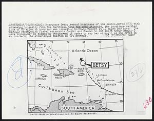 Miami: Hurricane Betsy, second hurricane of the season, moved 8/30 with increasing intensity from the Caribbean into the open Atlantic. The hurricane carried winds of 80 miles and hour and was traveling North-Northwest at 12 miles per hour. The churning storm, which forced astronauts Cooper and Conrad to cut short their Gemini-5 space voyage, may be seeded by weathermen in order to sap her strength as she moves on her course up the Atlantic, as charted on UPI newsmap.