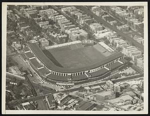 World Series Battle Ground. An air view of Wrigley Field, Chicago, the home of the Chicago Cubs, where the Philadelphia Athletics and Cubs will play the first two games of the World Series. The new bleachers, now under construction, can be plainly seen in this air view.