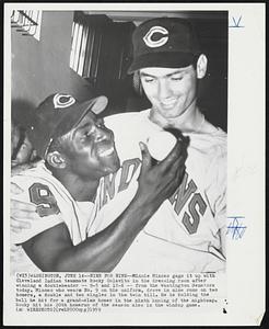 Nine for Nine--Minnie Minoso gags it up with Cleveland Indian teammate Rocky Colavito in the dressing room after winning a doubleheader -- 9-5 and 12-6 -- form the Washington Senators today. Minoso who wear No. 9 on his uniform, drove in nine runs on two homers, a double and two singles in the twin bill. He is holding the ball he hit for a grand-slam homer in the ninth inning of the nightcap. Rocky hit his 20th homerun of the season also in the windup game.