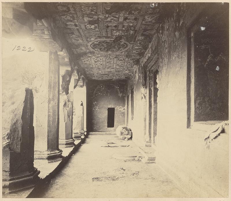 Interior view from the right of the verandah of Buddhist vihara, Cave XVII, Ajanta