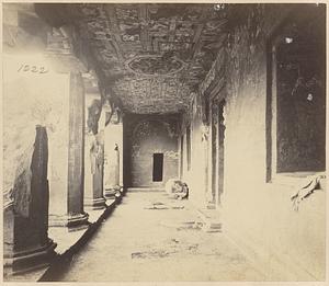 Interior view from the right of the verandah of Buddhist vihara, Cave XVII, Ajanta