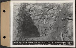 Contract No. 45, Exploration by Shovel Cuts of Borrow Areas for Main Dam and Dike, Belchertown, Enfield, Ware, view of cut in north face of shovel cut "F", excavated Jan. 27, 1939 at Sta. 1+20, 15 ft. right, depth 10 feet, Belchertown, Mass., Jan. 27, 1939