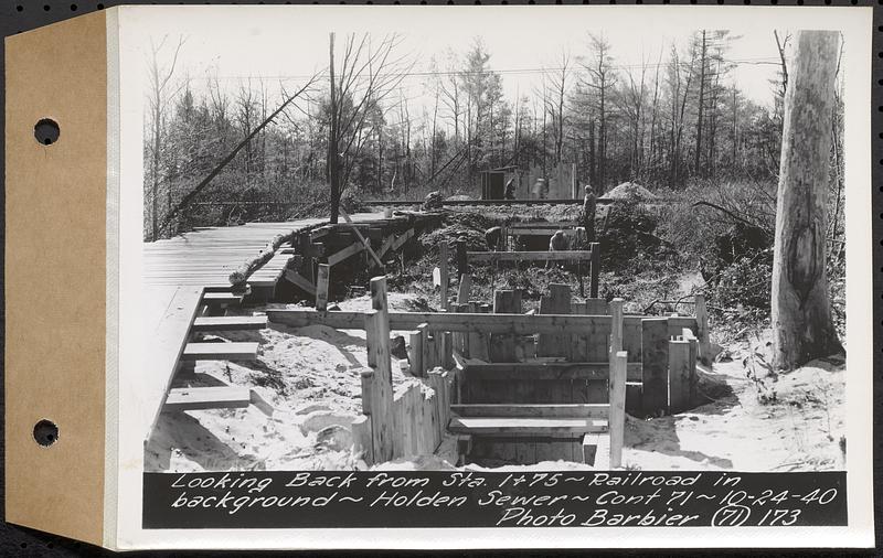 Contract No. 71, WPA Sewer Construction, Holden, looking back from Sta. 1+75, railroad in background, Holden Sewer, Holden, Mass., Oct. 24, 1940