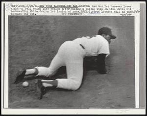New York Yankees - Red Sox - Boston- Red Sox last baseman loses sight of ball which lies behind after making a diving stop on line drive hit Yankees' Roy White during 1st inning of game, (5/20). Scott located ball in time to make the out.