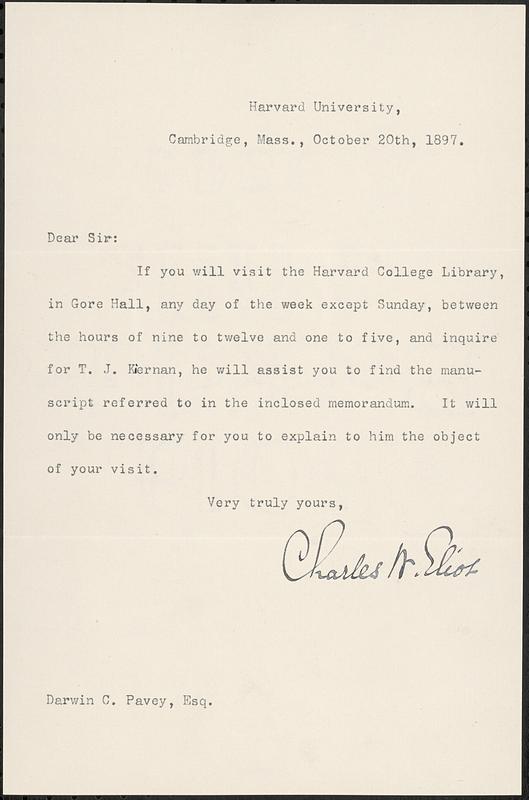 Letter from Charles W. Eliot, Cambridge, Mass., to Darwin C. Pavey, 1897 October 20