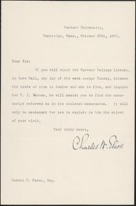 Letter from Charles W. Eliot, Cambridge, Mass., to Darwin C. Pavey, 1897 October 20