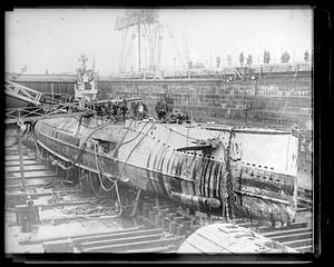 Ill-fated sub S-4 in dry dock at Navy Yard