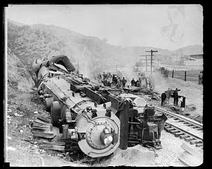 Wrecked train 59, locomotive 5042 derailed and on its side