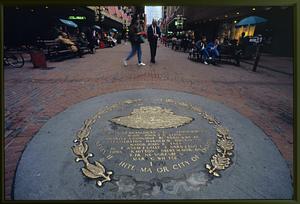 Boston circa 1989: "Builders of the new Boston" plaque on the pavement of the city's Downtown Crossing area