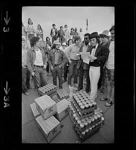 Harvard raft race winners with beer prize, Cambridge