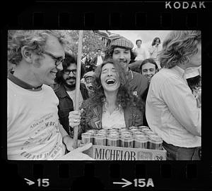 Harvard raft race winners with beer prize, Cambridge