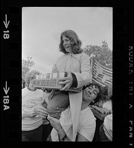 Harvard raft race winners with beer prize, Cambridge