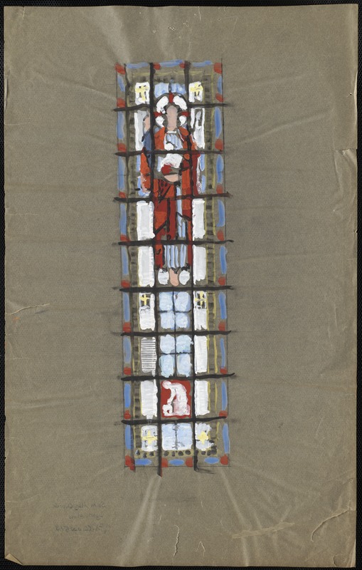 Window with a man, possibly Jesus holding a lamb, in the upper middle.