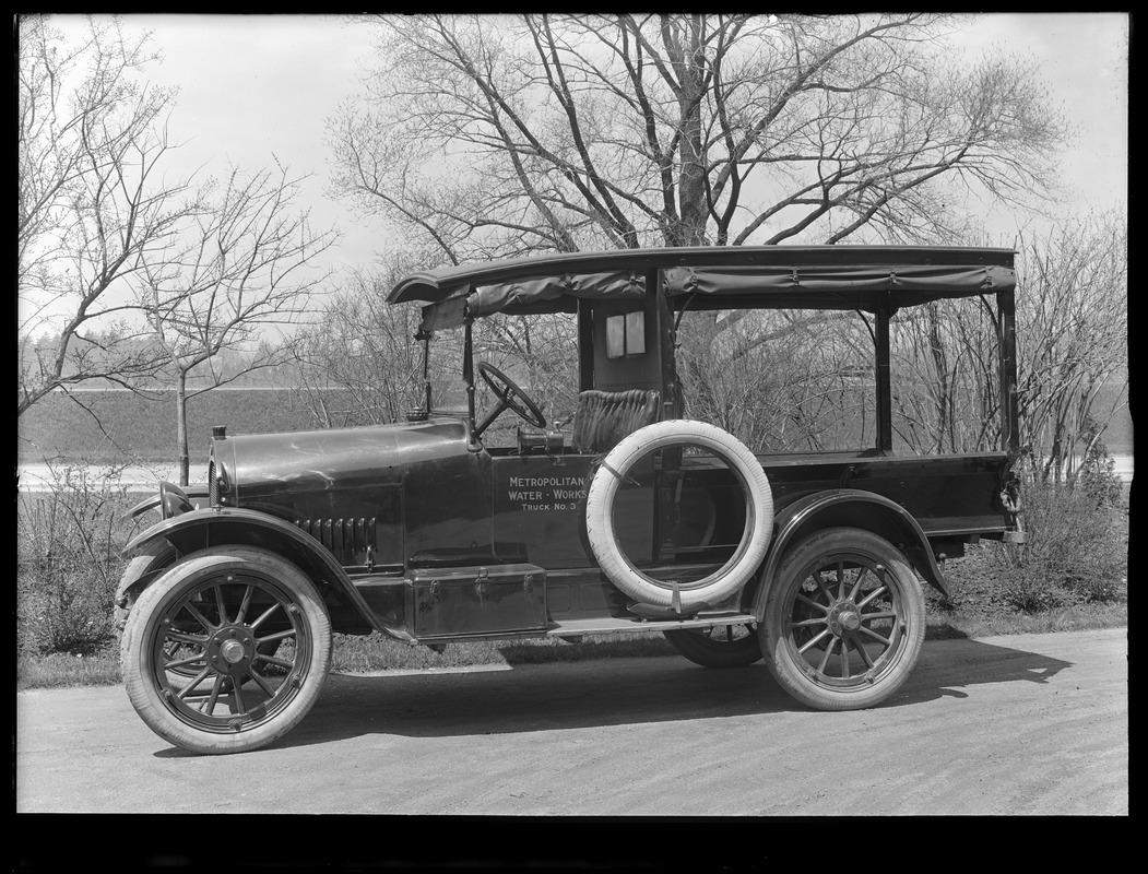 Distribution Department, MWW truck No. 3 [MDC No. 13], Jeffery; driver side view; at Chestnut Hill Pumping Stations, Brighton, Mass., May 5, 1920
