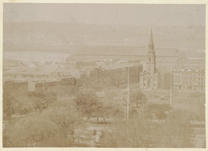 Intersection of Arlington and Boylston Sts. showing the Arlington St. Church & the Peace Jubilee Coliseum