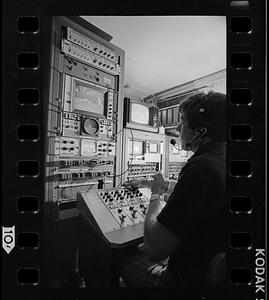 TV control room in trailer at Fenway Park, Boston