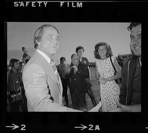 Eunice and Sargent Shriver arrive at Logan Airport, East Boston