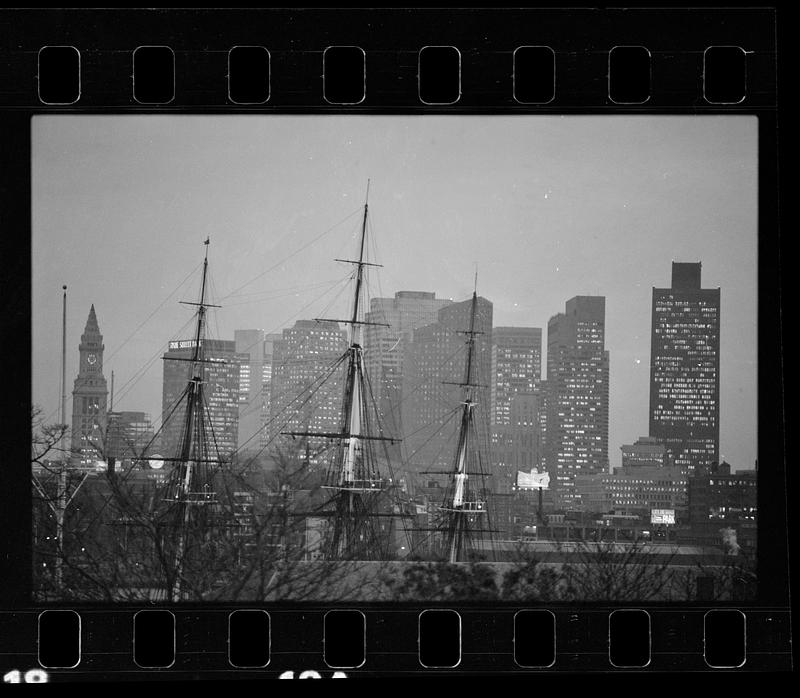 USS Constitution & skyline from Charlestown, downtown Boston