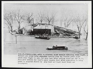 Missouri River Engulfs Municipal Power Plant - Workers are shown being evacuated hastily from the flooded power plant which they fought to save for nine days after working night and day on it. This also severed the town's water supply. Most of the population is being moved to adjacent Pierre by Army Duwk and Coast Guard Boats and Helicopter.