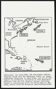 Dora, Ether Bow Out-Gladys Coming-Tropical Storm Dora and Hurricane Ethel, no longer considered dangerous to land areas, bow out at sea toward the northeast, according to this morning's advisory from the U.S. Weather Bureau. Hurricane Gladys is approaching about 930 miles east of San Juan, Puerto Rico.