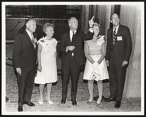 @ City Hall L-R Mr + Mrs. Wallace Traendly Mayor Kevin White Mr + Mrs. John McGraw Mayor shows architectural features of City Hall to hosts of social event for American Institute of Architects It was hosted by McGraw Hill Information Systems Co.