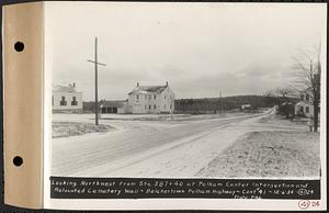 Contract No. 41, Extension of Belchertown-Pelham Highway, Belchertown, Pelham, looking northwest from Sta. 387+40 at Pelham Center intersection and relocated cemetery wall, Belchertown and Pelham, Mass., Dec. 6, 1934