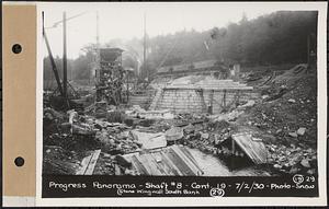 Contract No. 19, Dam and Substructure of Ware River Intake Works at Shaft 8, Wachusett-Coldbrook Tunnel, Barre, progress panorama, Shaft 8, stone wing wall and south bank, Barre, Mass., Jul. 2, 1930