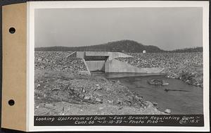 Contract No. 66, Regulating Dams, Middle Branch (New Salem), and East Branch of the Swift River, Hardwick and Petersham (formerly Dana), looking upstream at dam, east branch regulating dam, Hardwick, Mass., Nov. 10, 1939