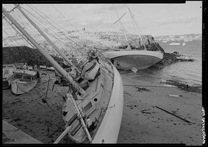 Beached boats after Hurricane Carol, Marblehead