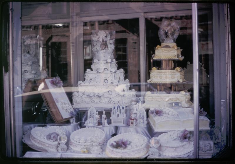 Cakes displayed in a store window