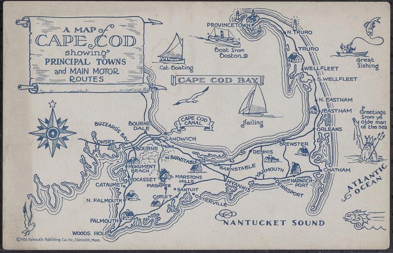 A map of Cape Cod showing principal towns and main motor routes ...