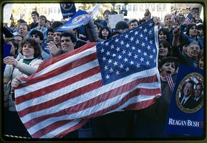 Boston, City Hall Plaza 1984: Supporters of President Reagan hold flag & signs