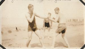 U.S. Marines "Shoblock, Lootens, and John Karsh" at the "ship yard swimming hole" at U.S. Marine base Quantico, VA