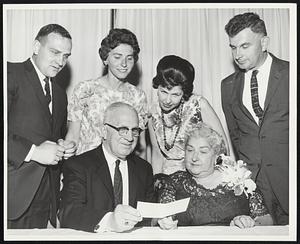 Proud Family: With his family gathered around him, Prof. Norman Abbott, seated left, Director of Placement Services at Boston University, looks at check given him at testimonial dinner recently by friends and associates. Professor Abbott, who has been affiliated with the University for 38 years, is retiring in June. Sitting beside him is his wife, while standing are sons Kendall Abbott, left, of Shelburne Falls, Mass., and Dr. Russell Abbott of Rockland, Me., and their wives.