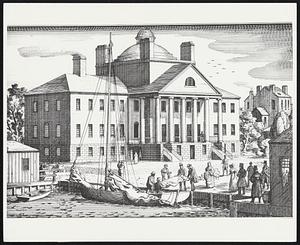 Early cut of Bulfinch building showing patient being moved in by water from Charles River (non filled).