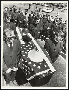 Casket with Student, Soldiers a. Vietnamese Hat. At Clergy March Freedom Trail to protest war, Kent Killings