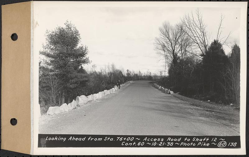 Contract No. 60, Access Roads to Shaft 12, Quabbin Aqueduct, Hardwick and Greenwich, looking ahead from Sta. 76+00, Greenwich and Hardwick, Mass., Oct. 21, 1938