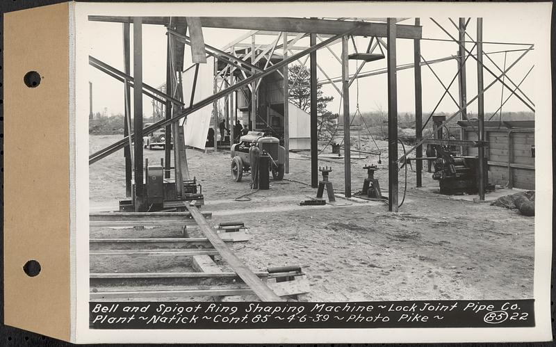 Contract No. 85, Manufacture and Delivery of Precast Concrete Steel Cylinder Pipe, Southborough, Framingham, Wayland, Natick, Weston, bell and spigot ring shaping machine, Natick, Mass., Apr. 6, 1939