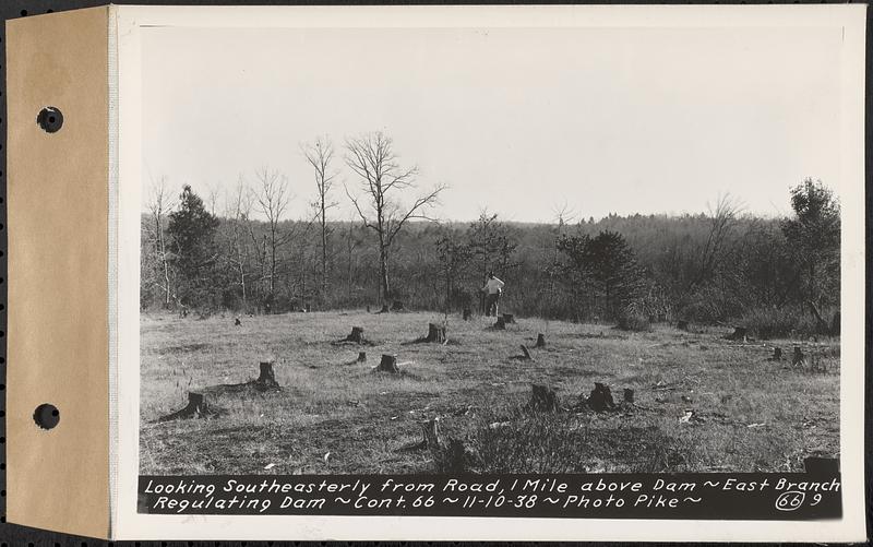 Contract No. 66, Regulating Dams, Middle Branch (New Salem), and East Branch of the Swift River, Hardwick and Petersham (formerly Dana), looking southeasterly from road 1 mile above dam, east branch regulating dam, Petersham, Mass., Nov. 10, 1938